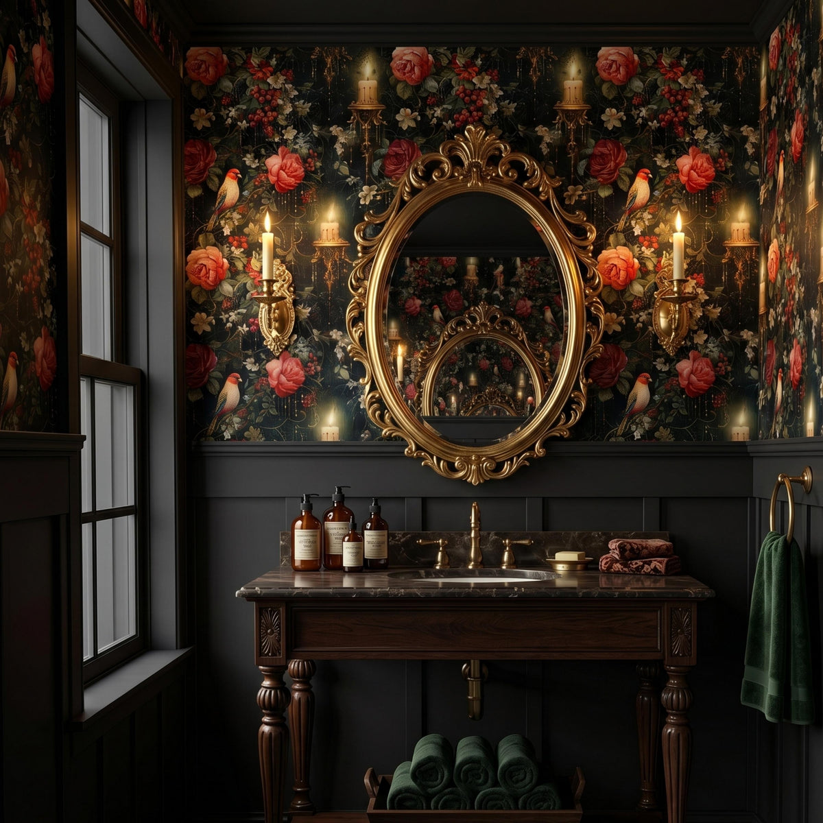 Dark Academia Floral Birds and Candles Wallpaper, Vintage Victorian Red Rose Wall Decal, Moody Maximalist Interior, Antique Still Life Art