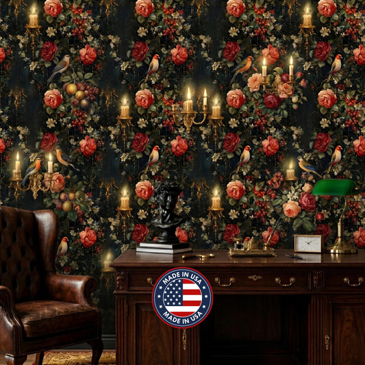 Dark Academia Floral Birds and Candles Wallpaper, Vintage Victorian Red Rose Wall Decal, Moody Maximalist Interior, Antique Still Life Art