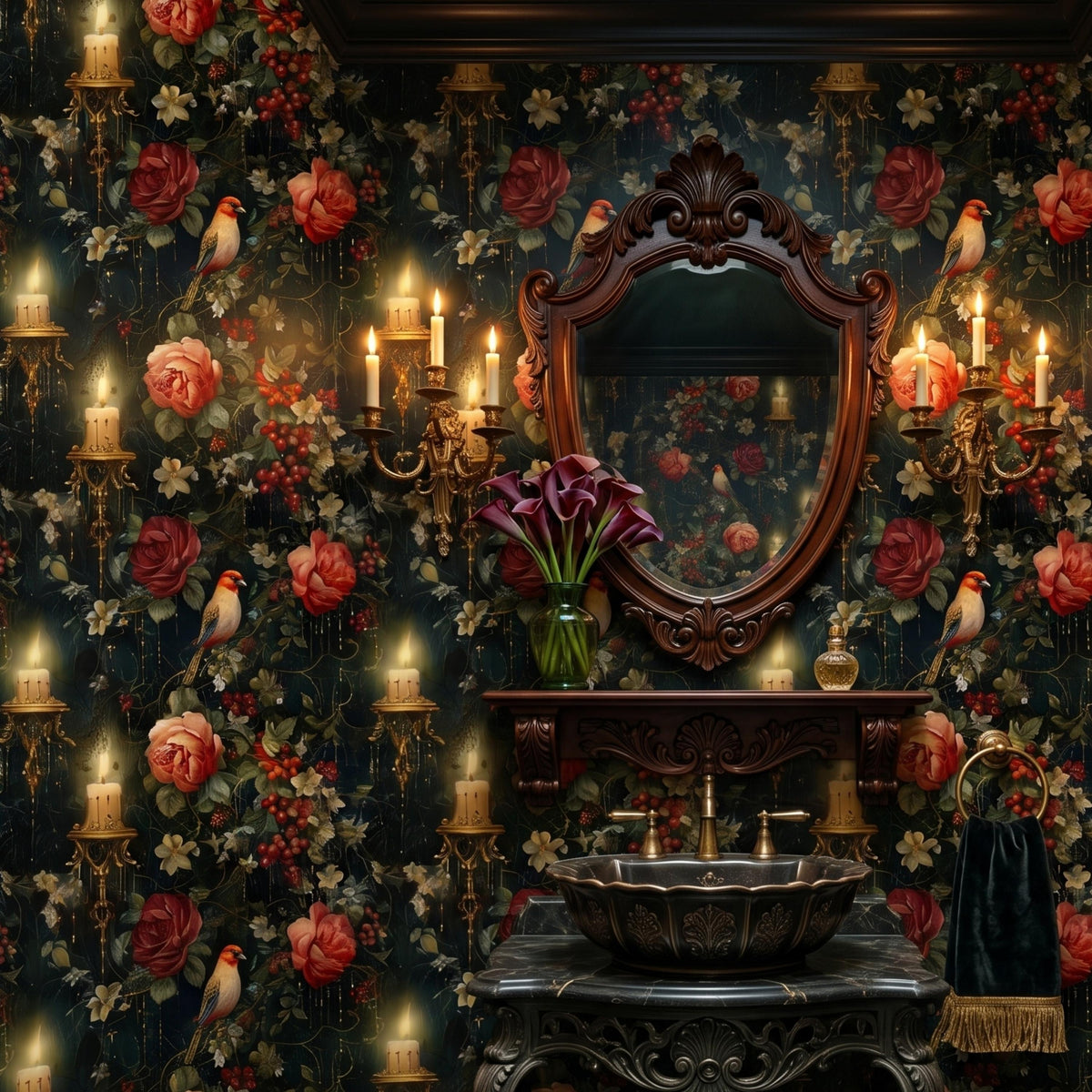 Dark Academia Floral Birds and Candles Wallpaper, Vintage Victorian Red Rose Wall Decal, Moody Maximalist Interior, Antique Still Life Art