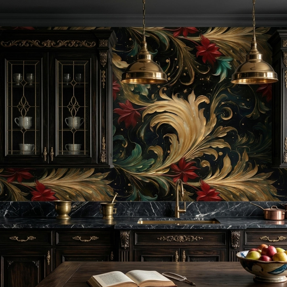Baroque Floral Moody Dark Wallpaper Luxury Gold Leaf Wall Mural, Maximalist Home Decor, Gothic Floral Accent Wall, Vintage Aesthetic Decor
