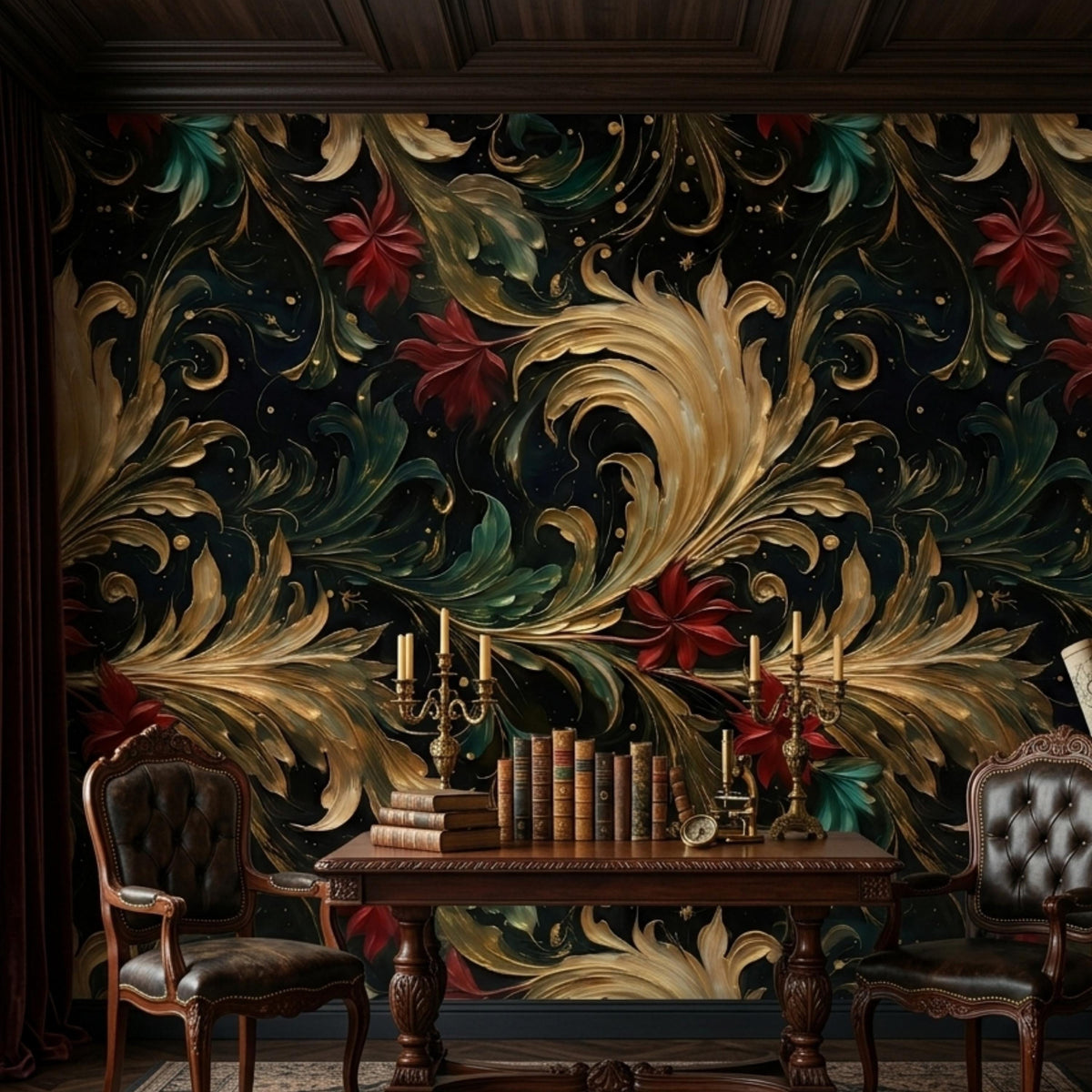 Baroque Floral Moody Dark Wallpaper Luxury Gold Leaf Wall Mural, Maximalist Home Decor, Gothic Floral Accent Wall, Vintage Aesthetic Decor