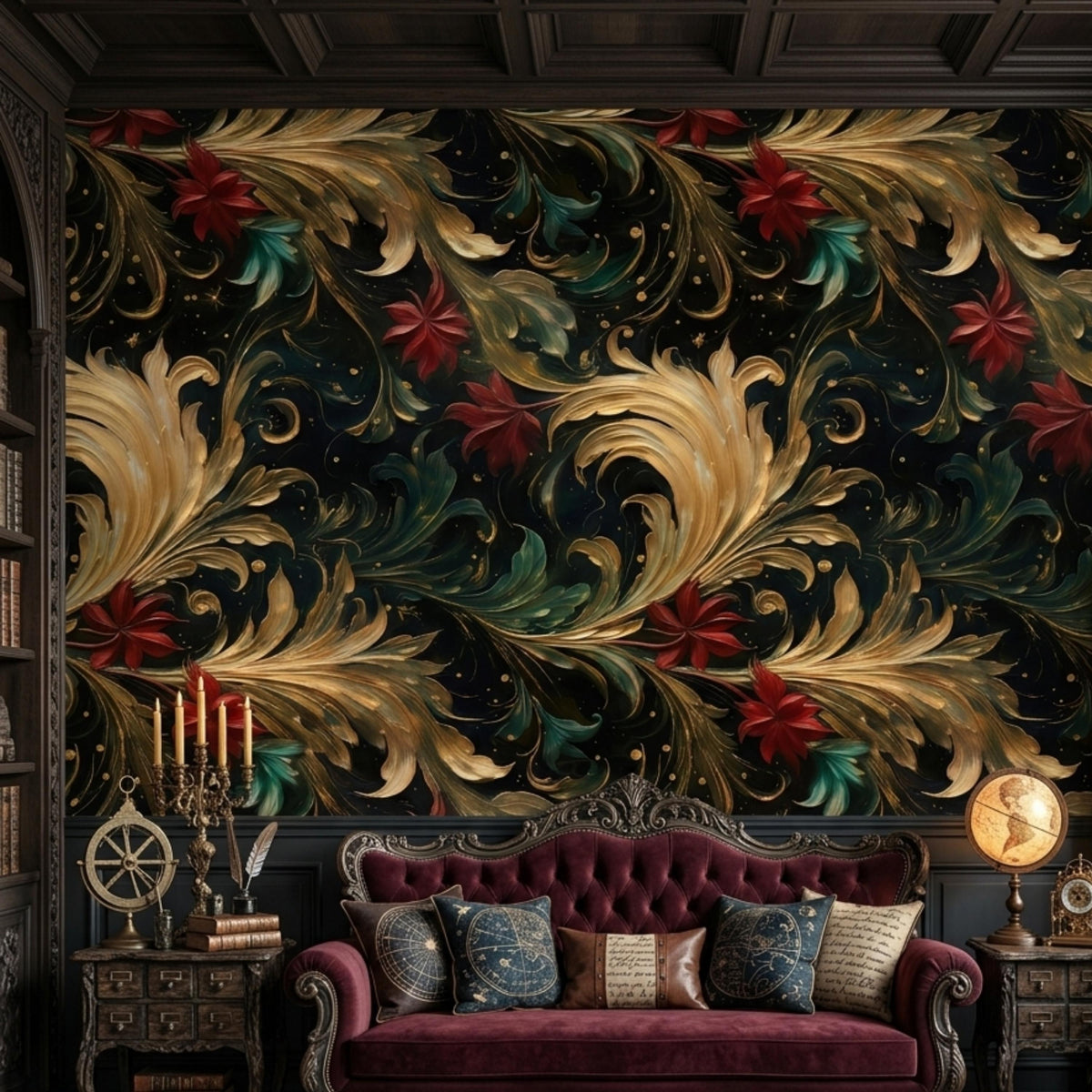Baroque Floral Moody Dark Wallpaper Luxury Gold Leaf Wall Mural, Maximalist Home Decor, Gothic Floral Accent Wall, Vintage Aesthetic Decor