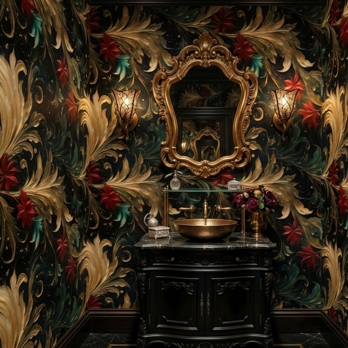 Baroque Floral Moody Dark Wallpaper Luxury Gold Leaf Wall Mural, Maximalist Home Decor, Gothic Floral Accent Wall, Vintage Aesthetic Decor