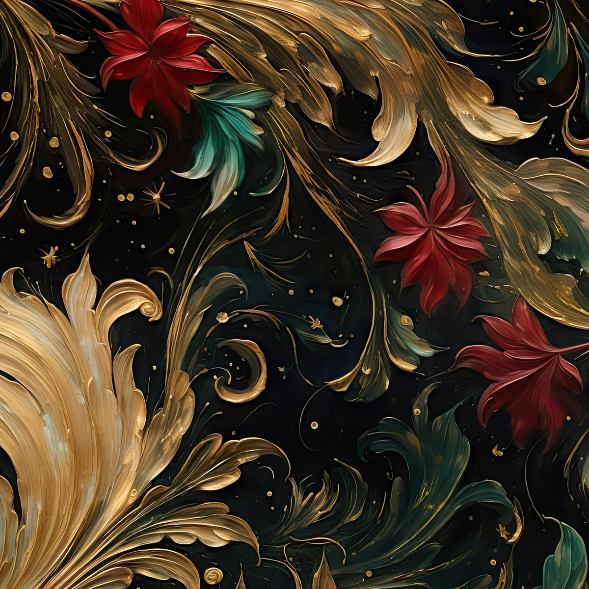 Baroque Floral Moody Dark Wallpaper Luxury Gold Leaf Wall Mural, Maximalist Home Decor, Gothic Floral Accent Wall, Vintage Aesthetic Decor