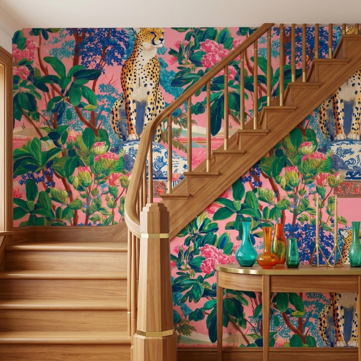 Maximalist Leopard Tropical Pink Wallpaper Peel and Stick, Eclectic Jungle Wall Mural, Bold Chinoiserie Decor, Grandmillennial Style