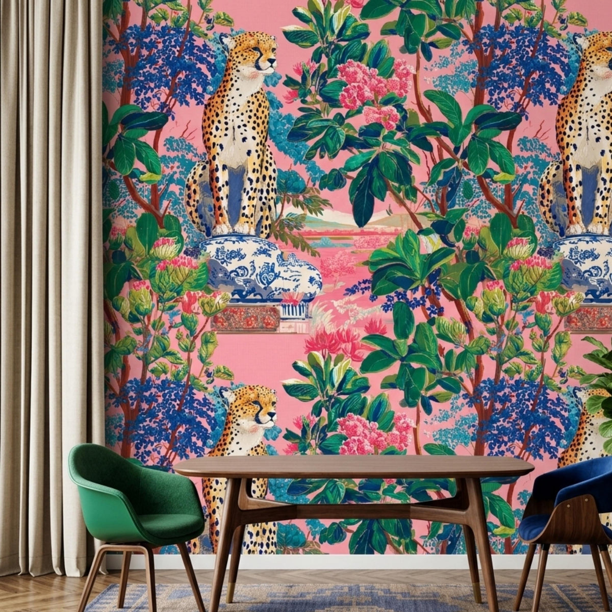 Maximalist Leopard Tropical Pink Wallpaper Peel and Stick, Eclectic Jungle Wall Mural, Bold Chinoiserie Decor, Grandmillennial Style