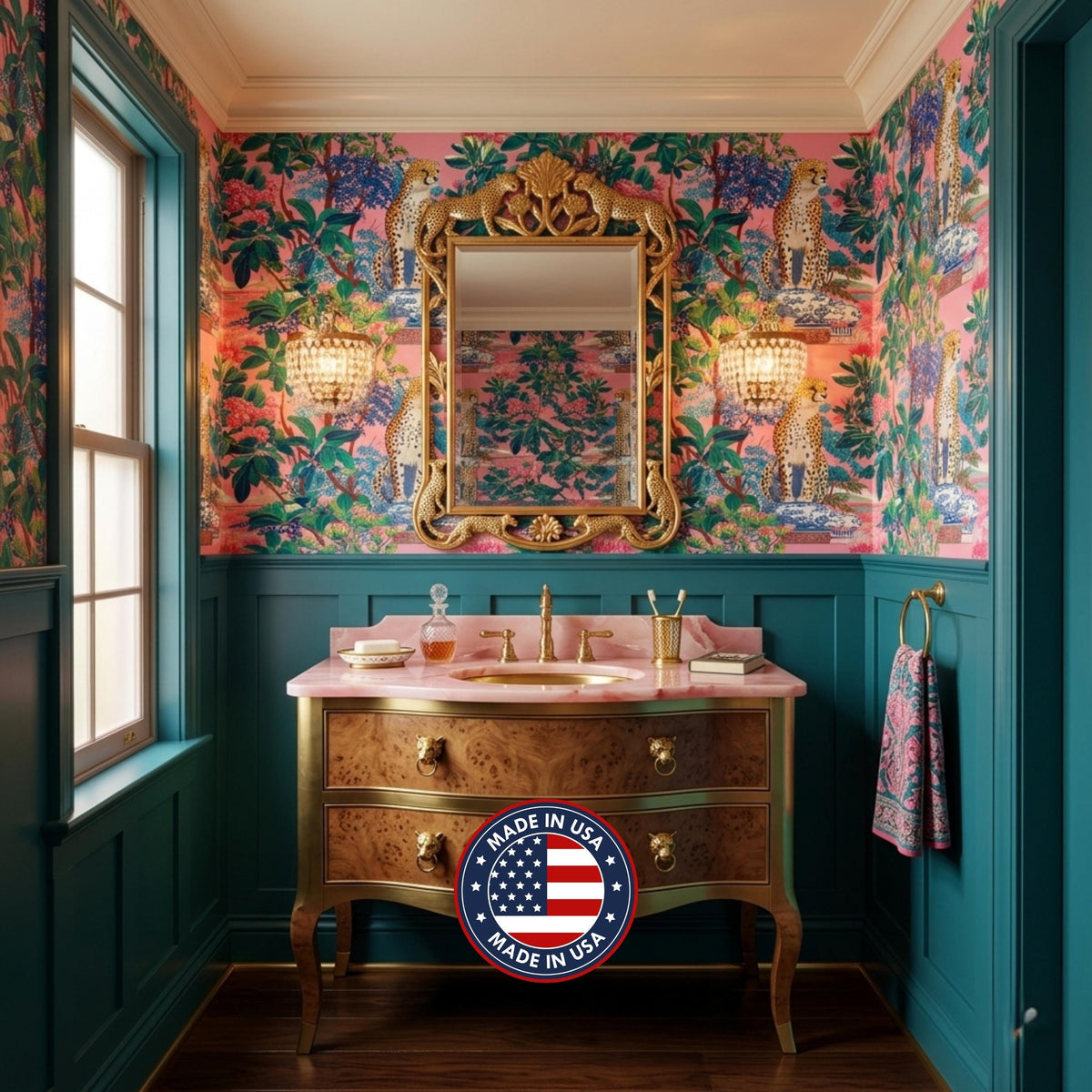 Maximalist Leopard Tropical Pink Wallpaper Peel and Stick, Eclectic Jungle Wall Mural, Bold Chinoiserie Decor, Grandmillennial Style