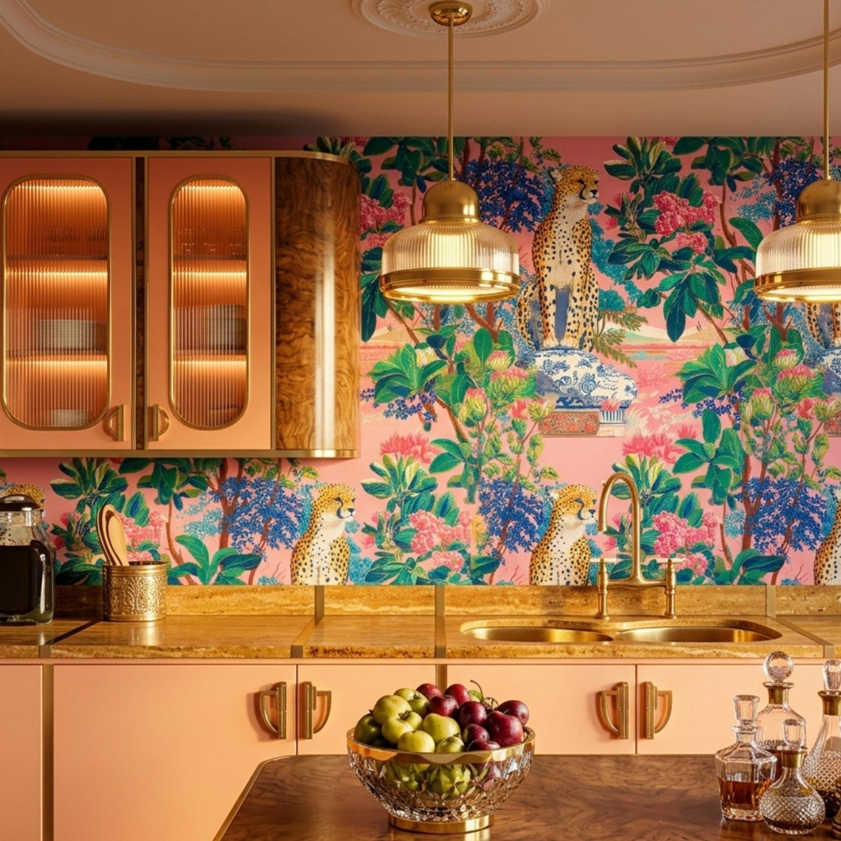 Maximalist Leopard Tropical Pink Wallpaper Peel and Stick, Eclectic Jungle Wall Mural, Bold Chinoiserie Decor, Grandmillennial Style