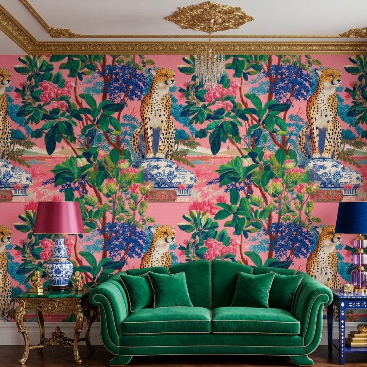 Maximalist Leopard Tropical Pink Wallpaper Peel and Stick, Eclectic Jungle Wall Mural, Bold Chinoiserie Decor, Grandmillennial Style