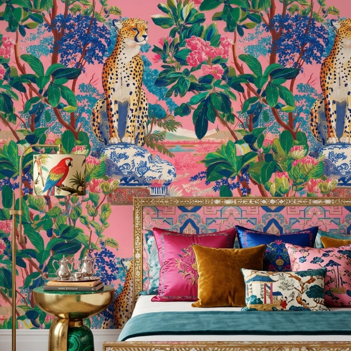Maximalist Leopard Tropical Pink Wallpaper Peel and Stick, Eclectic Jungle Wall Mural, Bold Chinoiserie Decor, Grandmillennial Style