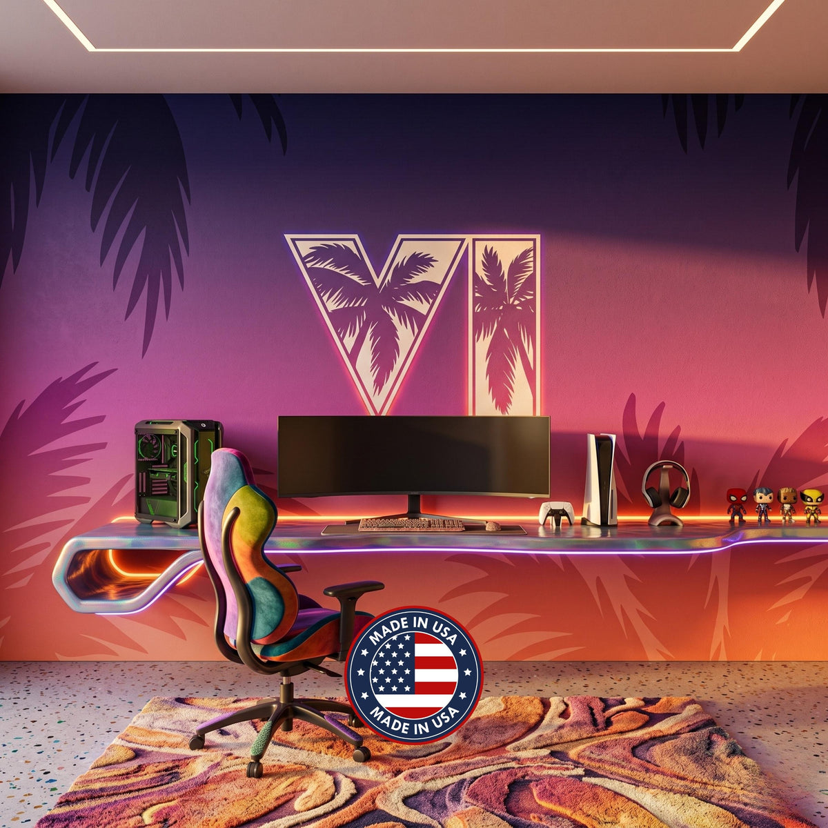 Synthwave Gaming Aesthetic Wall Mural, Retro Vaporwave Wallpaper, Gamer Room Decor, Neon Sunset Aesthetic Art