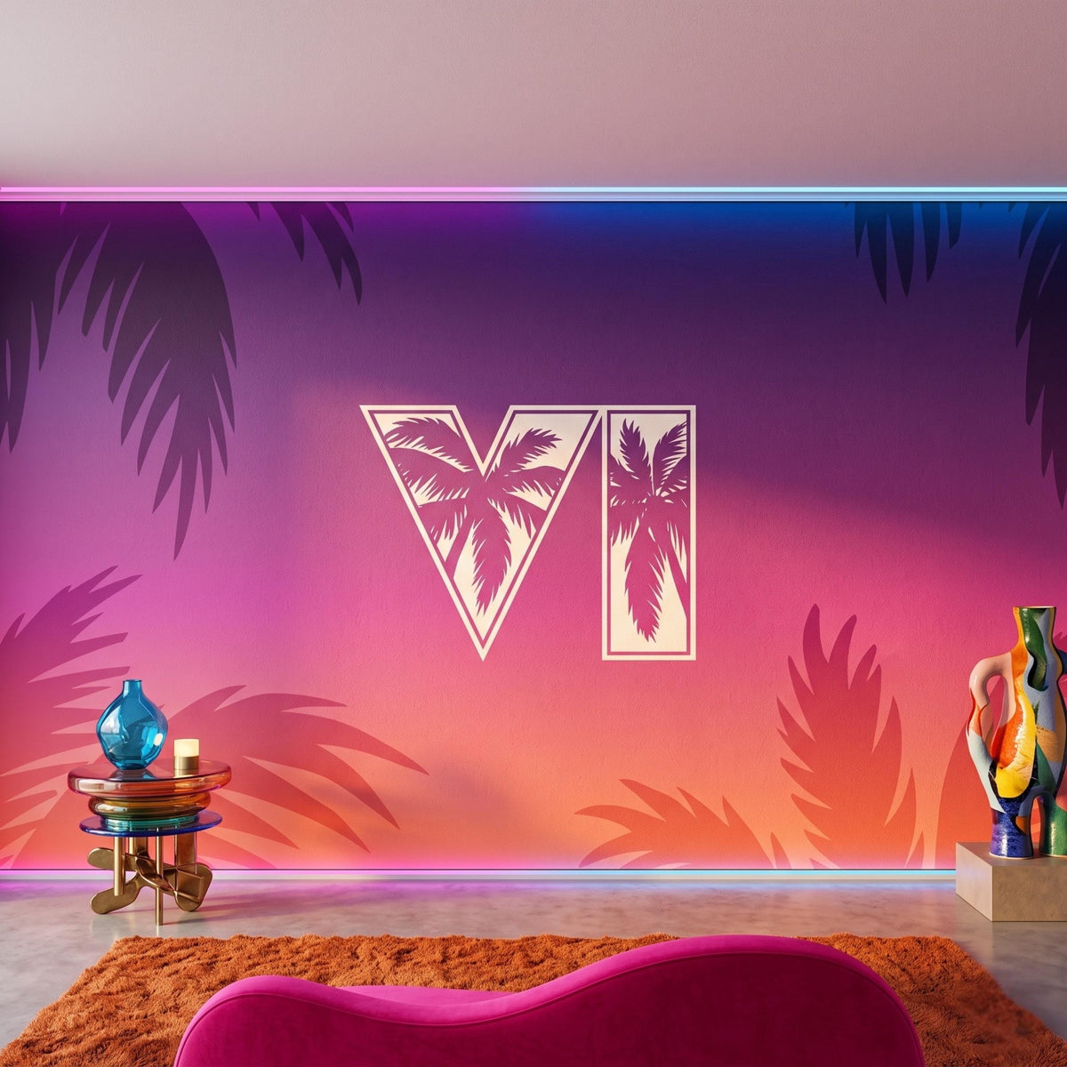 Synthwave Gaming Aesthetic Wall Mural, Retro Vaporwave Wallpaper, Gamer Room Decor, Neon Sunset Aesthetic Art