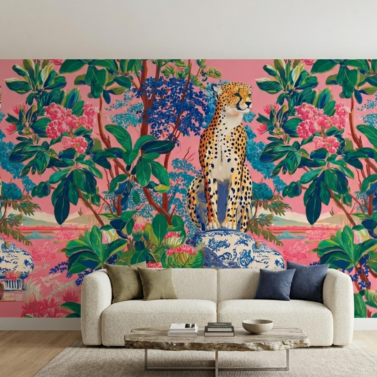 Pink Chinoiserie Cheetah Wallpaper, Maximalist Tropical Wall Mural, Exotic Jungle Peel and Stick, Grandmillennial Home Decor Accent Wall