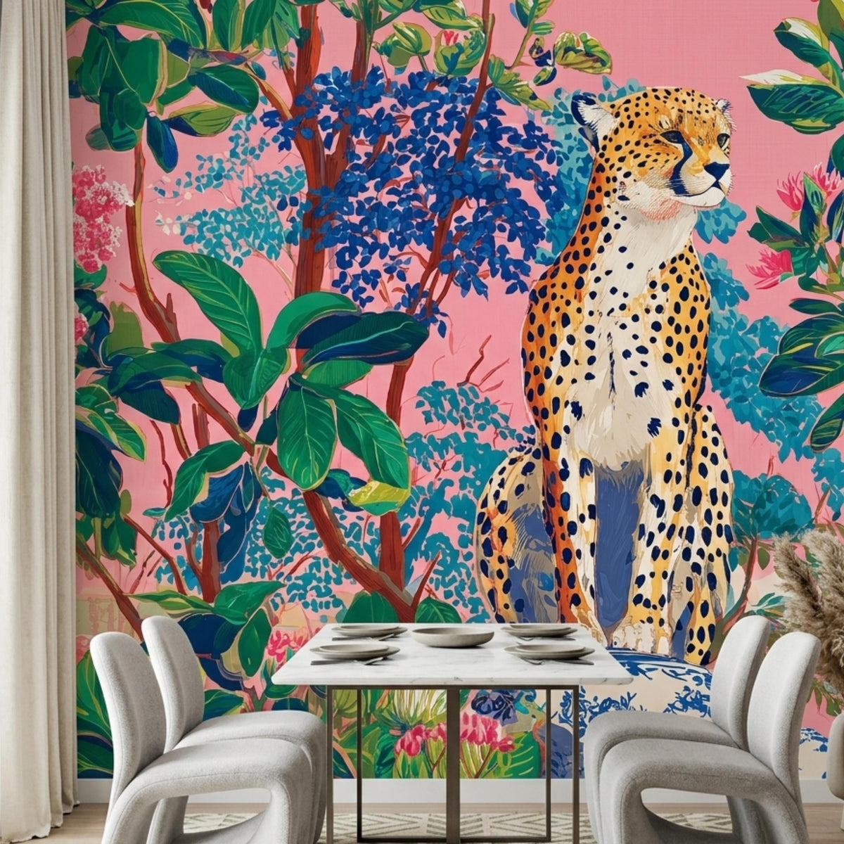 Pink Chinoiserie Cheetah Wallpaper, Maximalist Tropical Wall Mural, Exotic Jungle Peel and Stick, Grandmillennial Home Decor Accent Wall