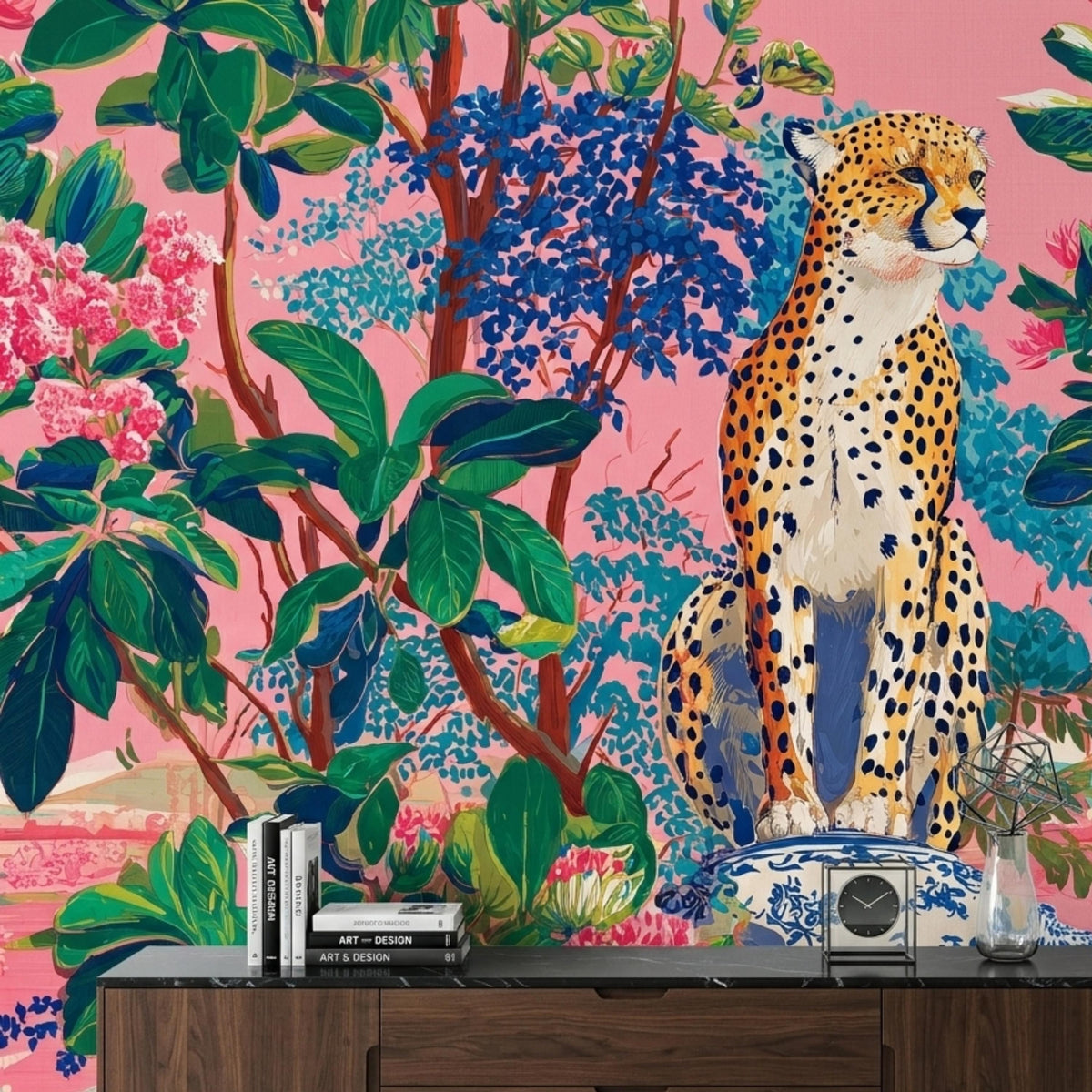 Pink Chinoiserie Cheetah Wallpaper, Maximalist Tropical Wall Mural, Exotic Jungle Peel and Stick, Grandmillennial Home Decor Accent Wall
