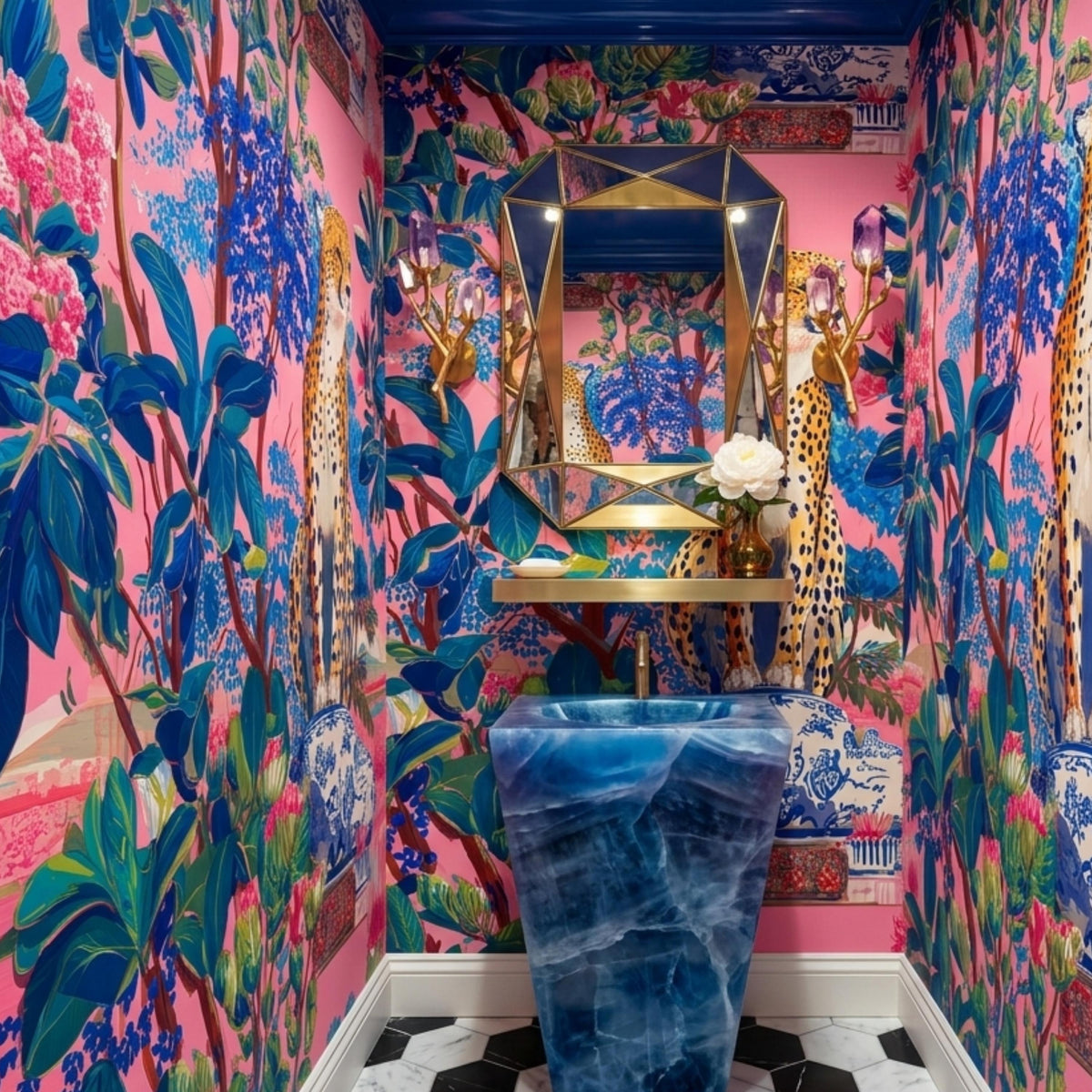 Pink Chinoiserie Cheetah Wallpaper, Maximalist Tropical Wall Mural, Exotic Jungle Peel and Stick, Grandmillennial Home Decor Accent Wall