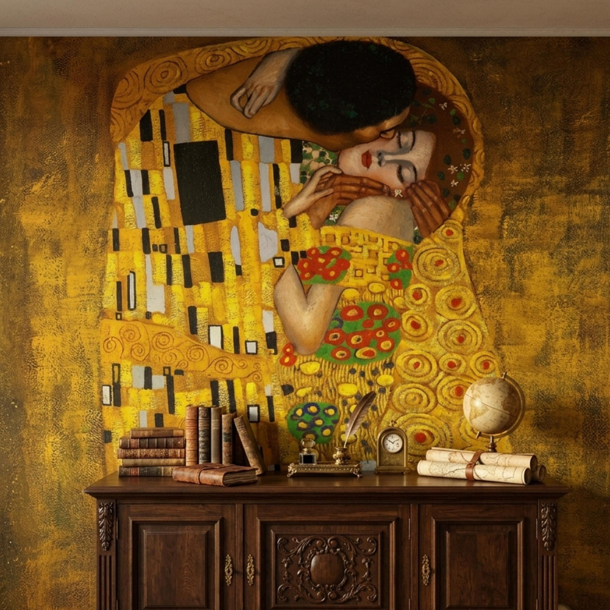 Gustav Klimt The Kiss Wallpaper, Famous Art Wall Mural, Vintage Gold Fine Art Wall Decor, Classic Masterpiece Peel and Stick Wallpaper