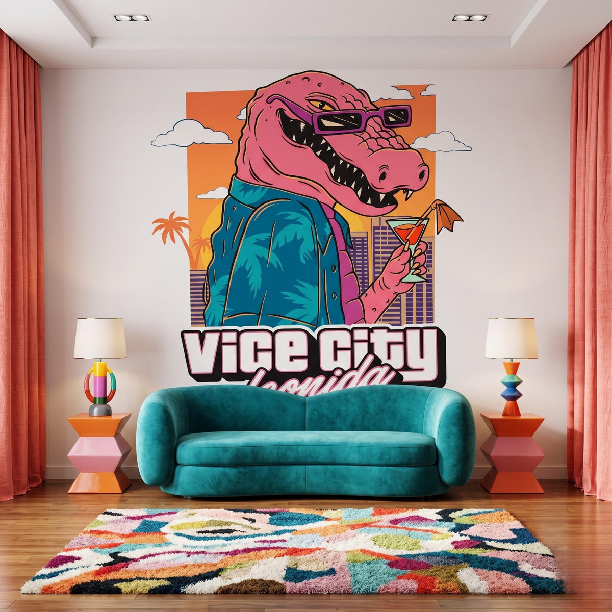 Synthwave Crocodile Retro 80s Wall Mural, Vice City Style Peel and Stick Wallpaper, Vaporwave Room Decor, Tropical Gamer Wall Art