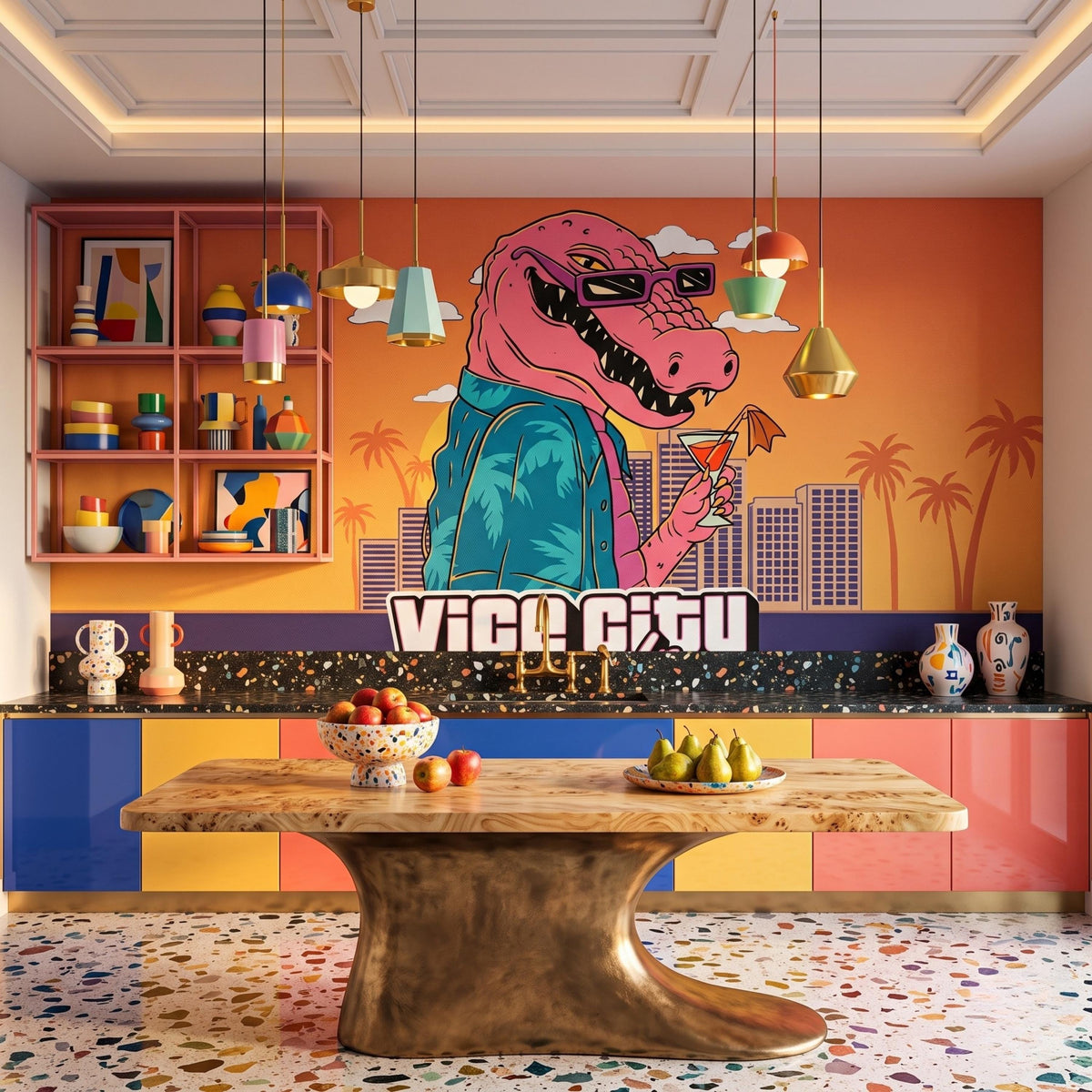 Synthwave Crocodile Retro 80s Wall Mural, Vice City Style Peel and Stick Wallpaper, Vaporwave Room Decor, Tropical Gamer Wall Art