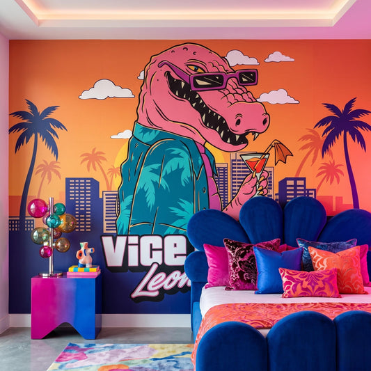 Synthwave Crocodile Retro 80s Wall Mural, Vice City Style Peel and Stick Wallpaper, Vaporwave Room Decor, Tropical Gamer Wall Art