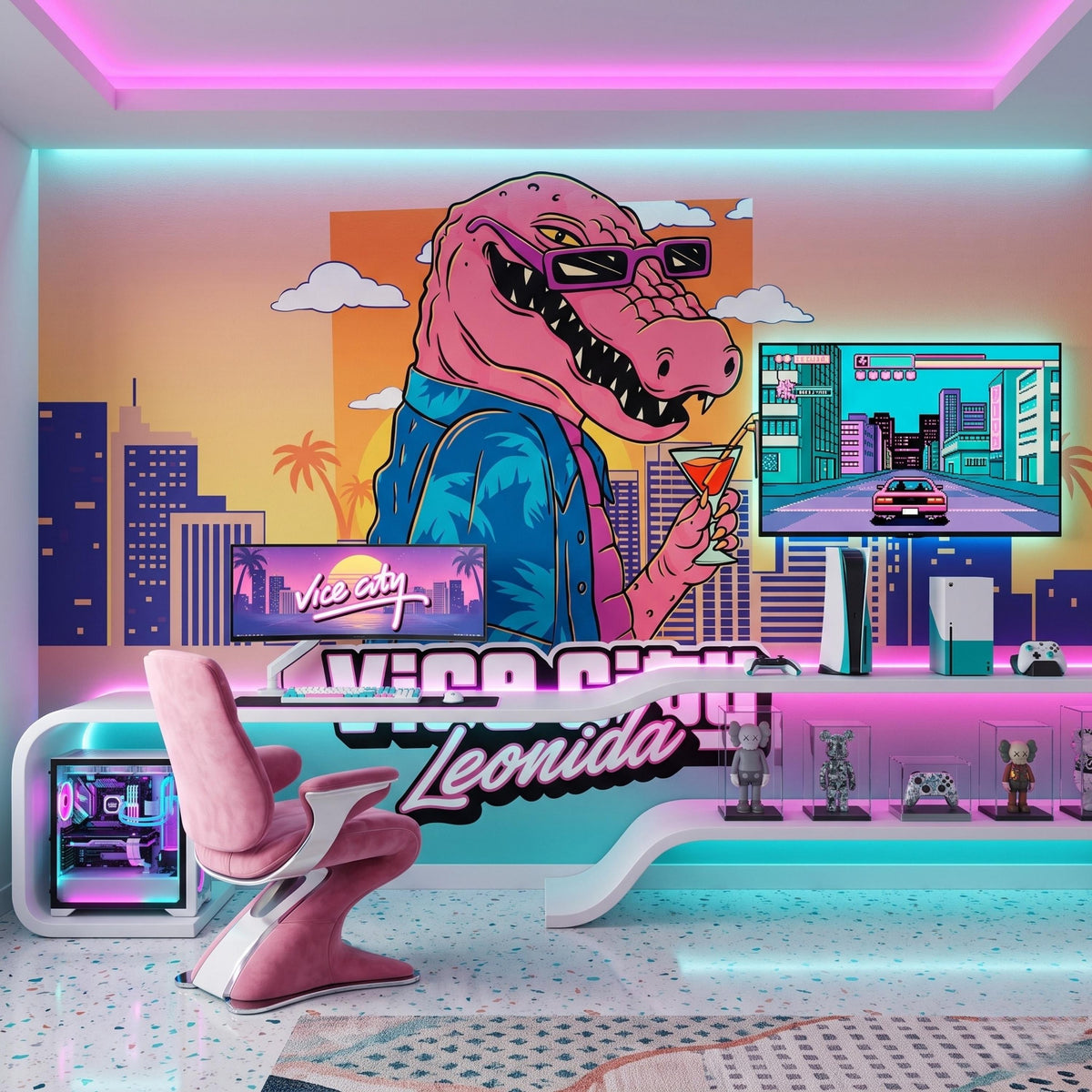 Synthwave Crocodile Retro 80s Wall Mural, Vice City Style Peel and Stick Wallpaper, Vaporwave Room Decor, Tropical Gamer Wall Art