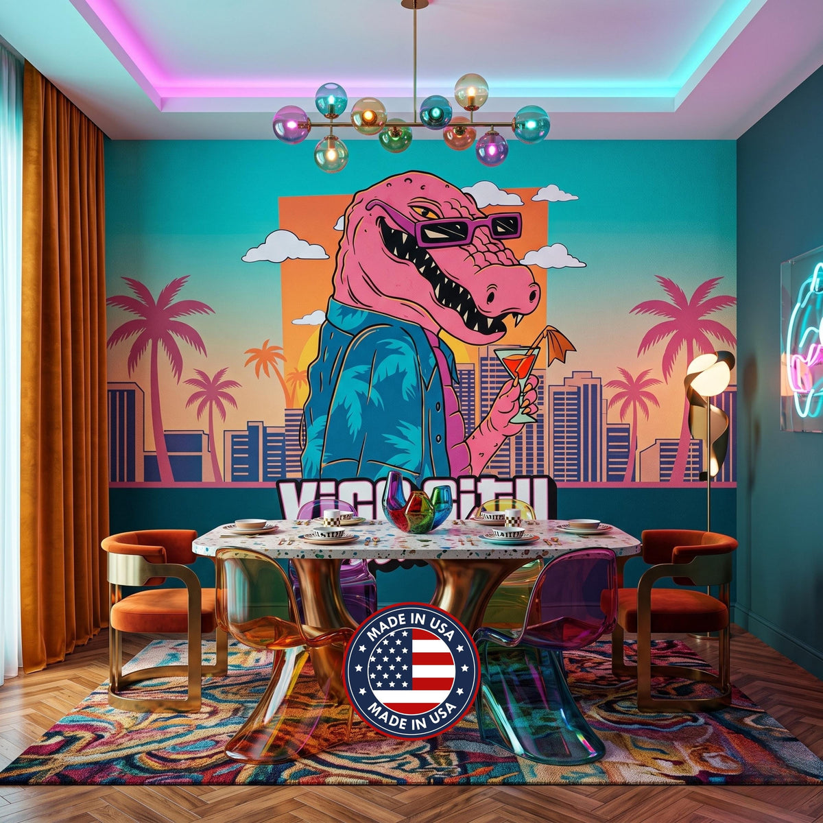 Synthwave Crocodile Retro 80s Wall Mural, Vice City Style Peel and Stick Wallpaper, Vaporwave Room Decor, Tropical Gamer Wall Art