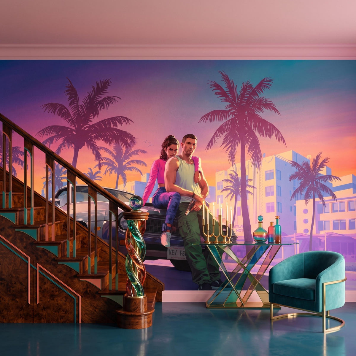 Purple Synthwave Gaming Wall Mural Video Game Art, Sunset Palm Tree Gamer Wallpaper, Man Cave Room Decor, Cinematic Action Mural