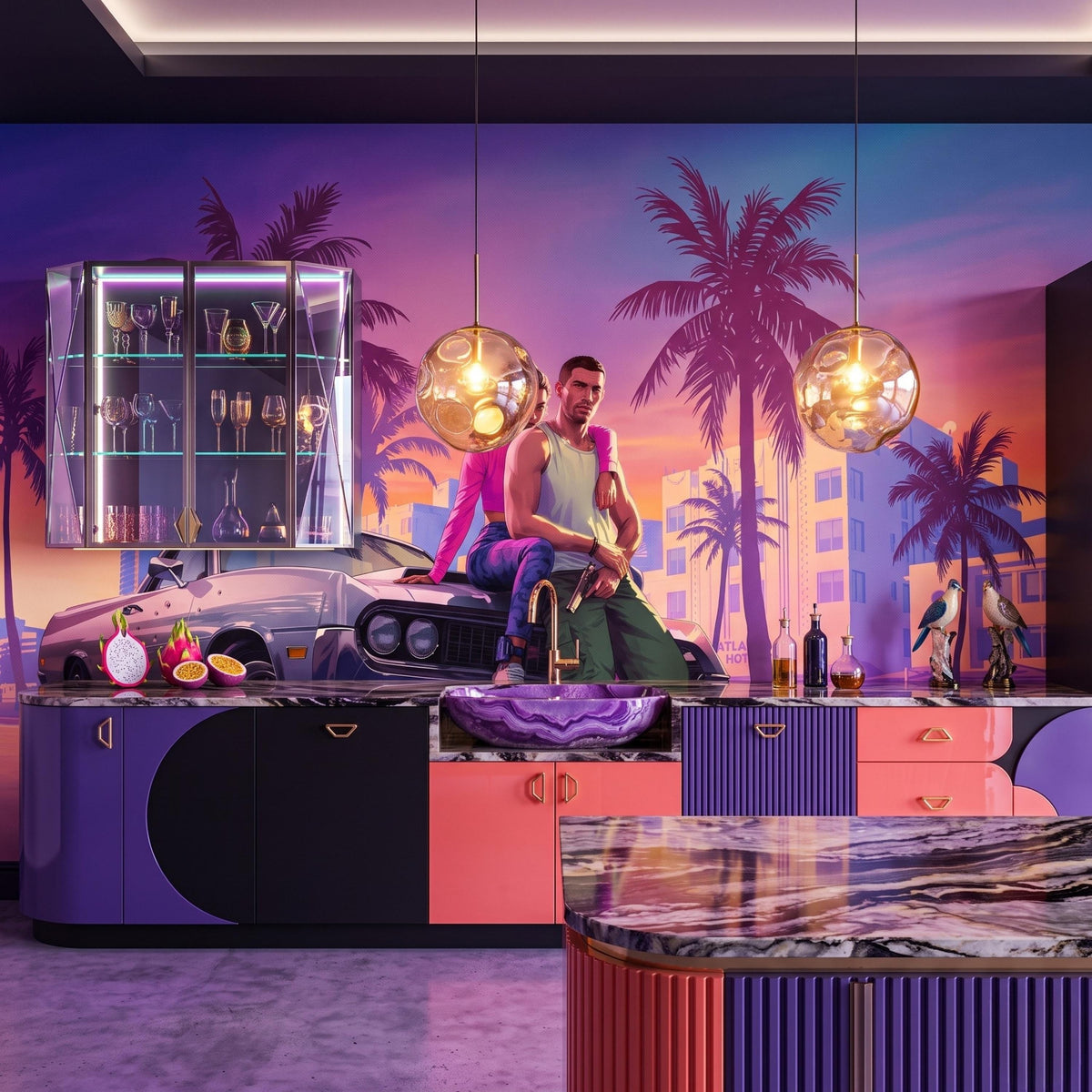 Purple Synthwave Gaming Wall Mural Video Game Art, Sunset Palm Tree Gamer Wallpaper, Man Cave Room Decor, Cinematic Action Mural