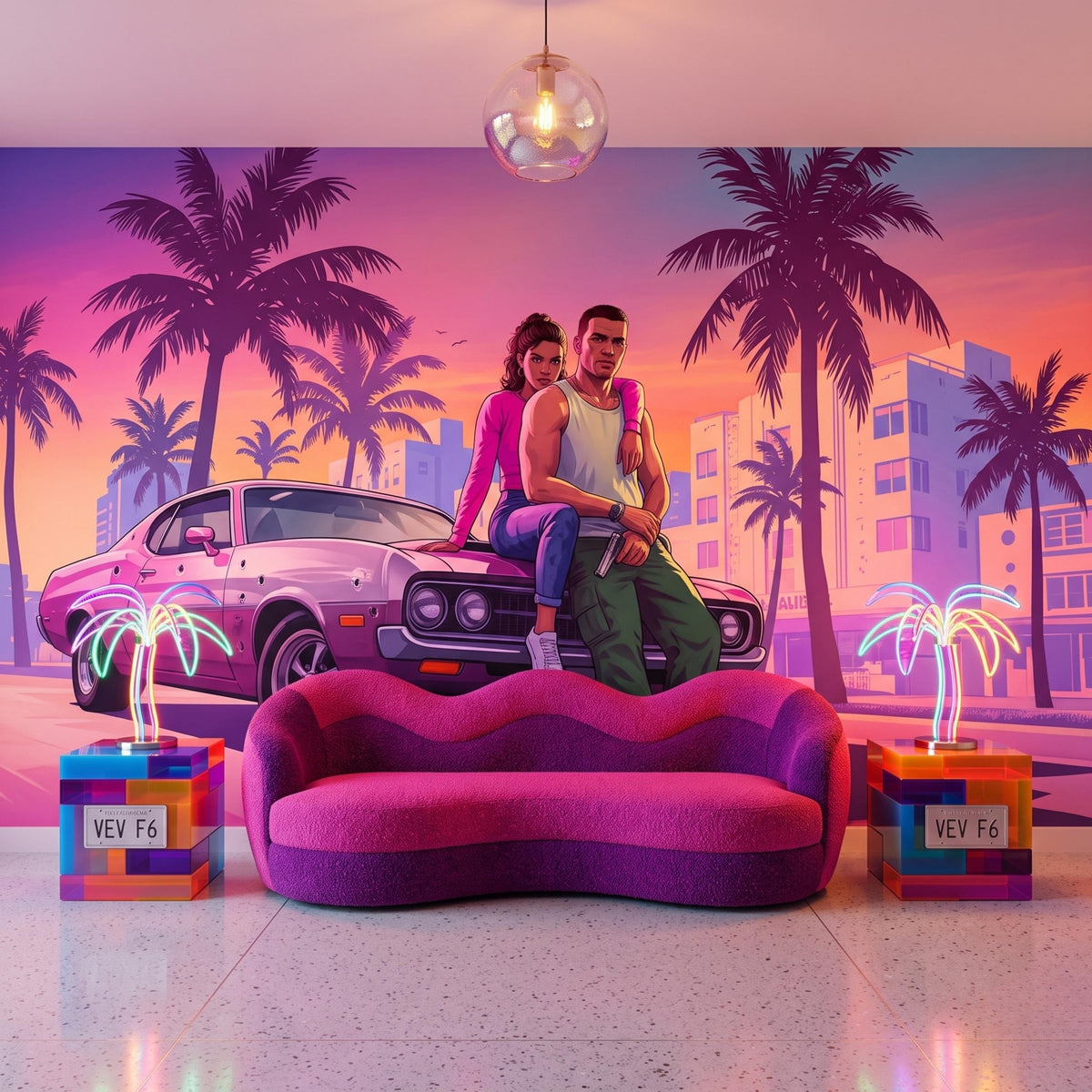 Purple Synthwave Gaming Wall Mural Video Game Art, Sunset Palm Tree Gamer Wallpaper, Man Cave Room Decor, Cinematic Action Mural