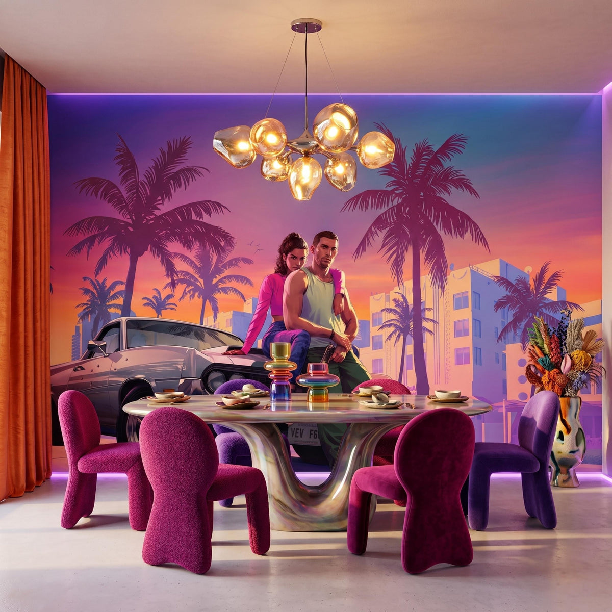 Purple Synthwave Gaming Wall Mural Video Game Art, Sunset Palm Tree Gamer Wallpaper, Man Cave Room Decor, Cinematic Action Mural