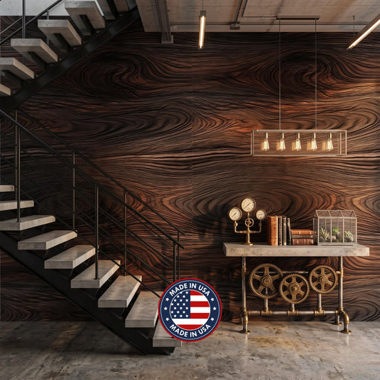 Abstract Dark Wood Grain Industrial Rustic Peel and Stick Wallpaper, Luxury Wall Mural for Office, Mid Century Modern Home Decor
