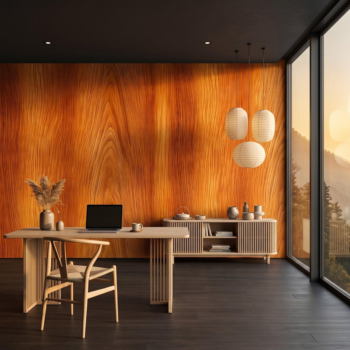 Natural Wood Grain Rustic Wallpaper Mural, Mid Century Modern Decor, Warm Cedar Wood Texture, Peel and Stick Accent Wall