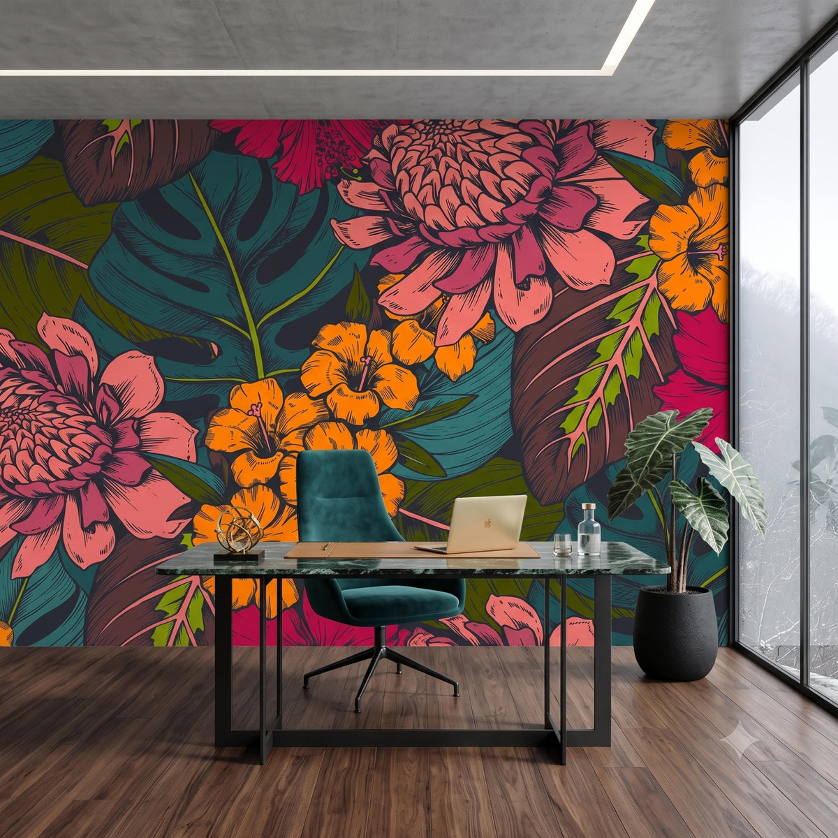 Tropical Floral Removable Wallpaper Peel and Stick Wall Mural, Boho Accent Wall, Jungle Floral Decor, Vintage Botanical Print
