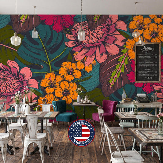 Tropical Floral Removable Wallpaper Peel and Stick Wall Mural, Boho Accent Wall, Jungle Floral Decor, Vintage Botanical Print