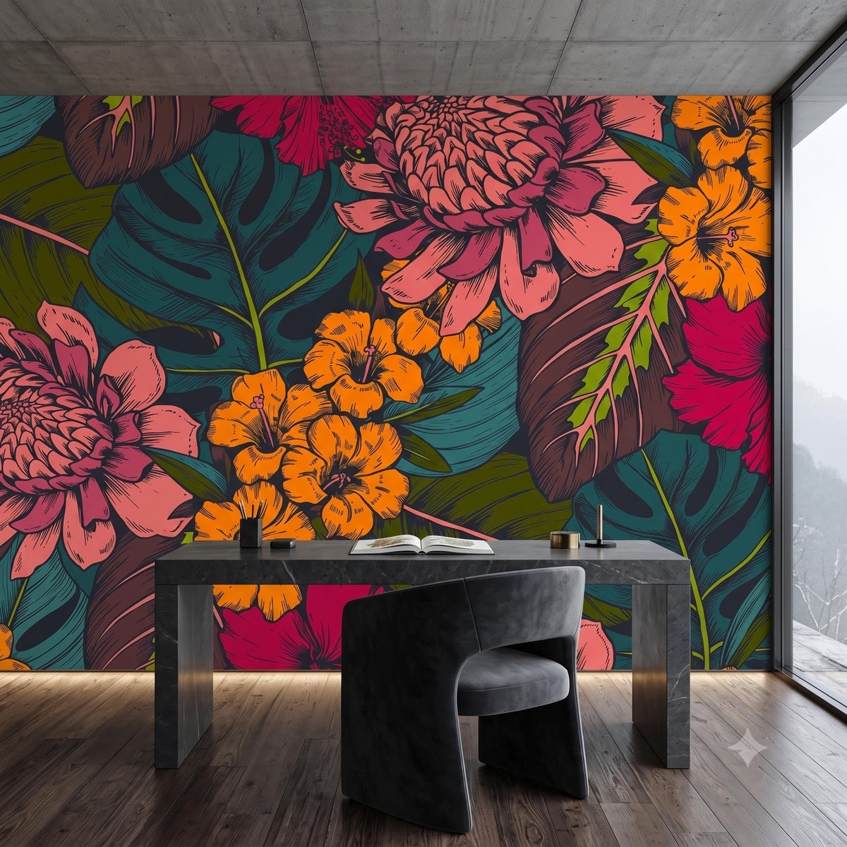 Tropical Floral Removable Wallpaper Peel and Stick Wall Mural, Boho Accent Wall, Jungle Floral Decor, Vintage Botanical Print