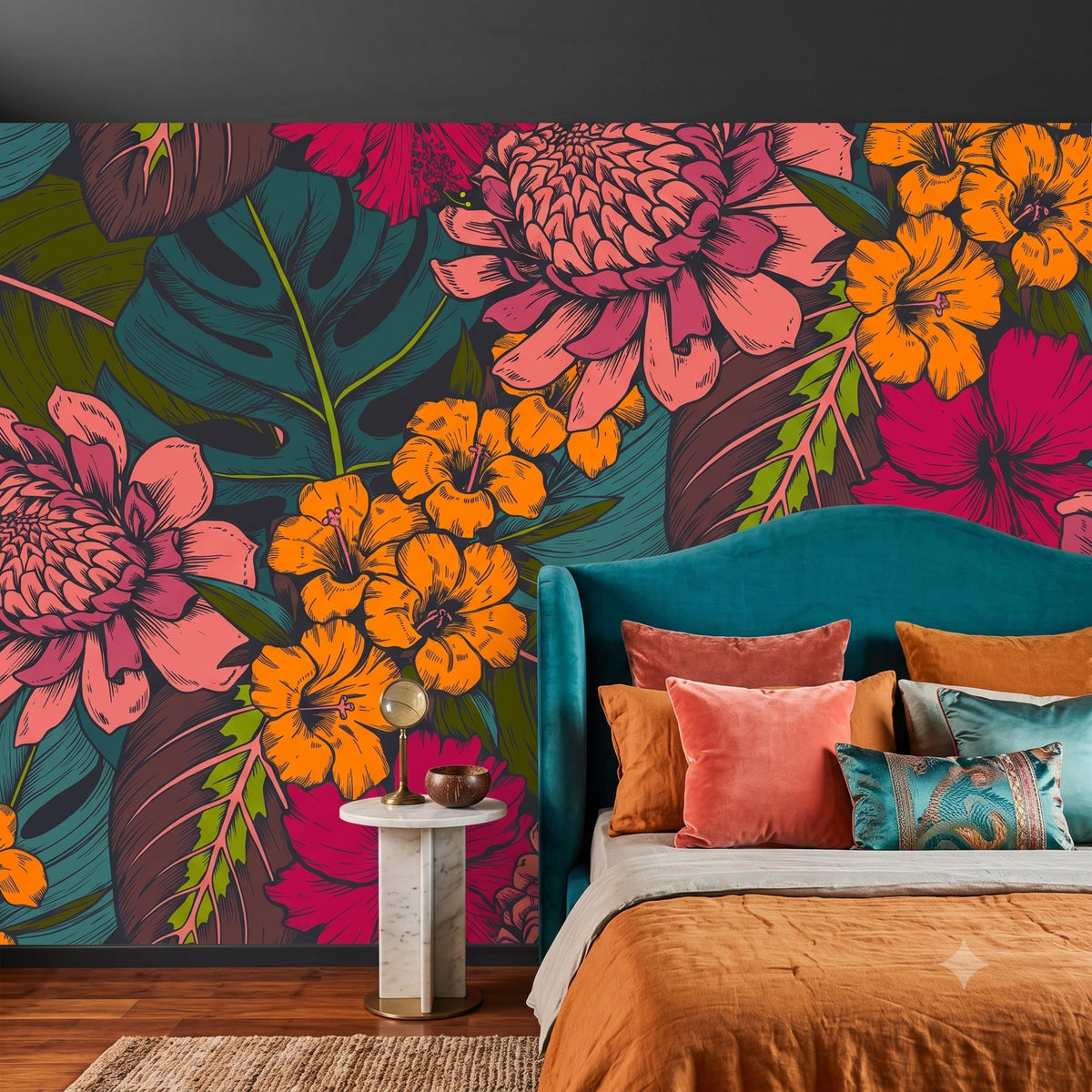 Tropical Floral Removable Wallpaper Peel and Stick Wall Mural, Boho Accent Wall, Jungle Floral Decor, Vintage Botanical Print