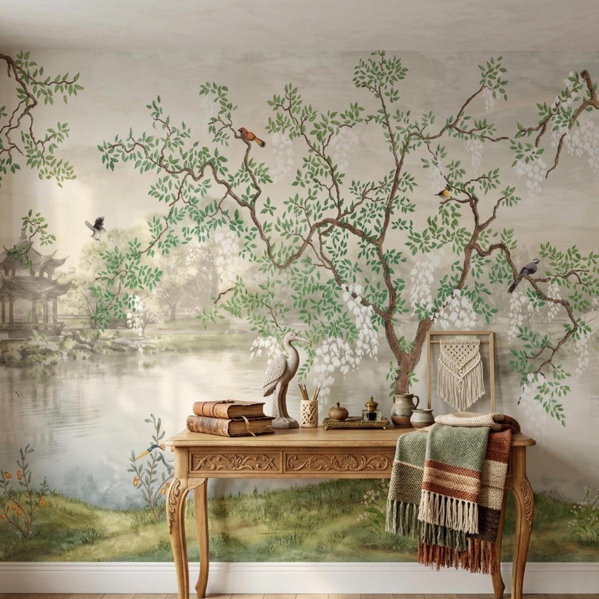 Chinoiserie Garden Landscape Mural Wallpaper, Vintage Asian Scene Wall Decor, Large Scenic Pagoda Wall Covering