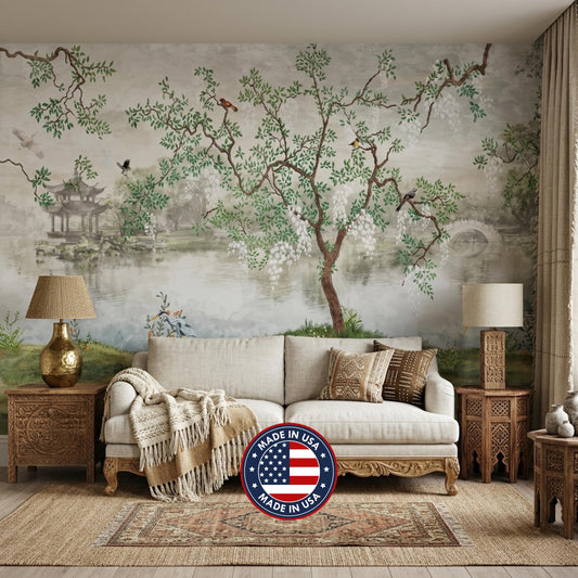 Chinoiserie Garden Landscape Mural Wallpaper, Vintage Asian Scene Wall Decor, Large Scenic Pagoda Wall Covering