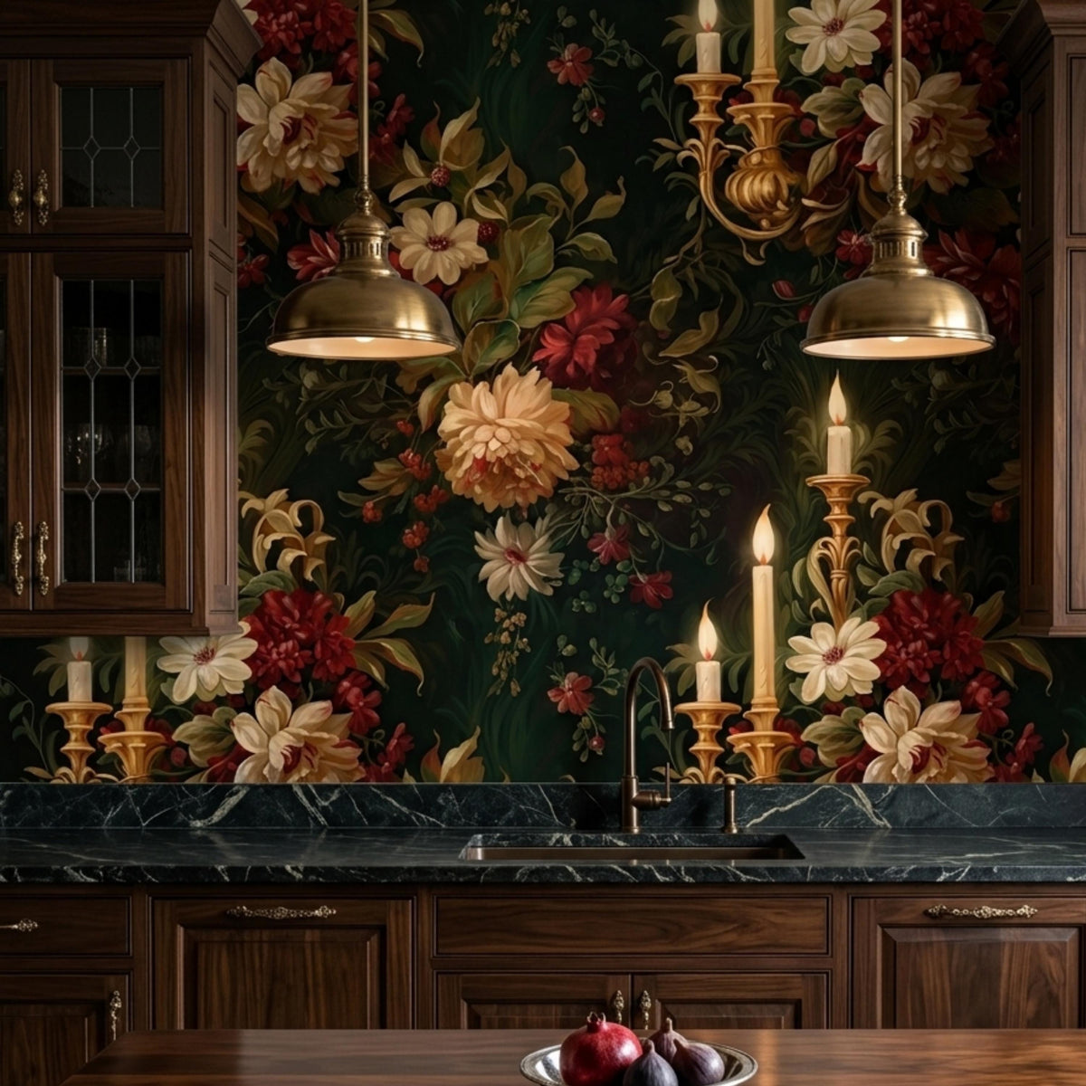 Dark Moody Floral Wallpaper with Vintage Candle Sconces, Victorian Gothic Wall Mural, Dark Academia Home Decor, Maximalist Peony Decal