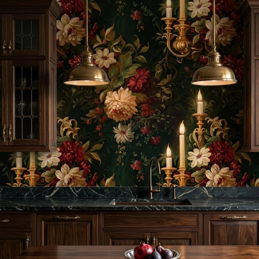 Dark Moody Floral Wallpaper with Vintage Candle Sconces, Victorian Gothic Wall Mural, Dark Academia Home Decor, Maximalist Peony Decal
