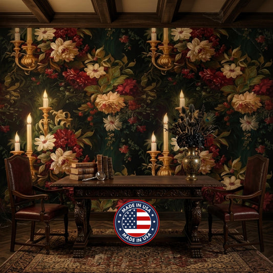 Dark Moody Floral Wallpaper with Vintage Candle Sconces, Victorian Gothic Wall Mural, Dark Academia Home Decor, Maximalist Peony Decal