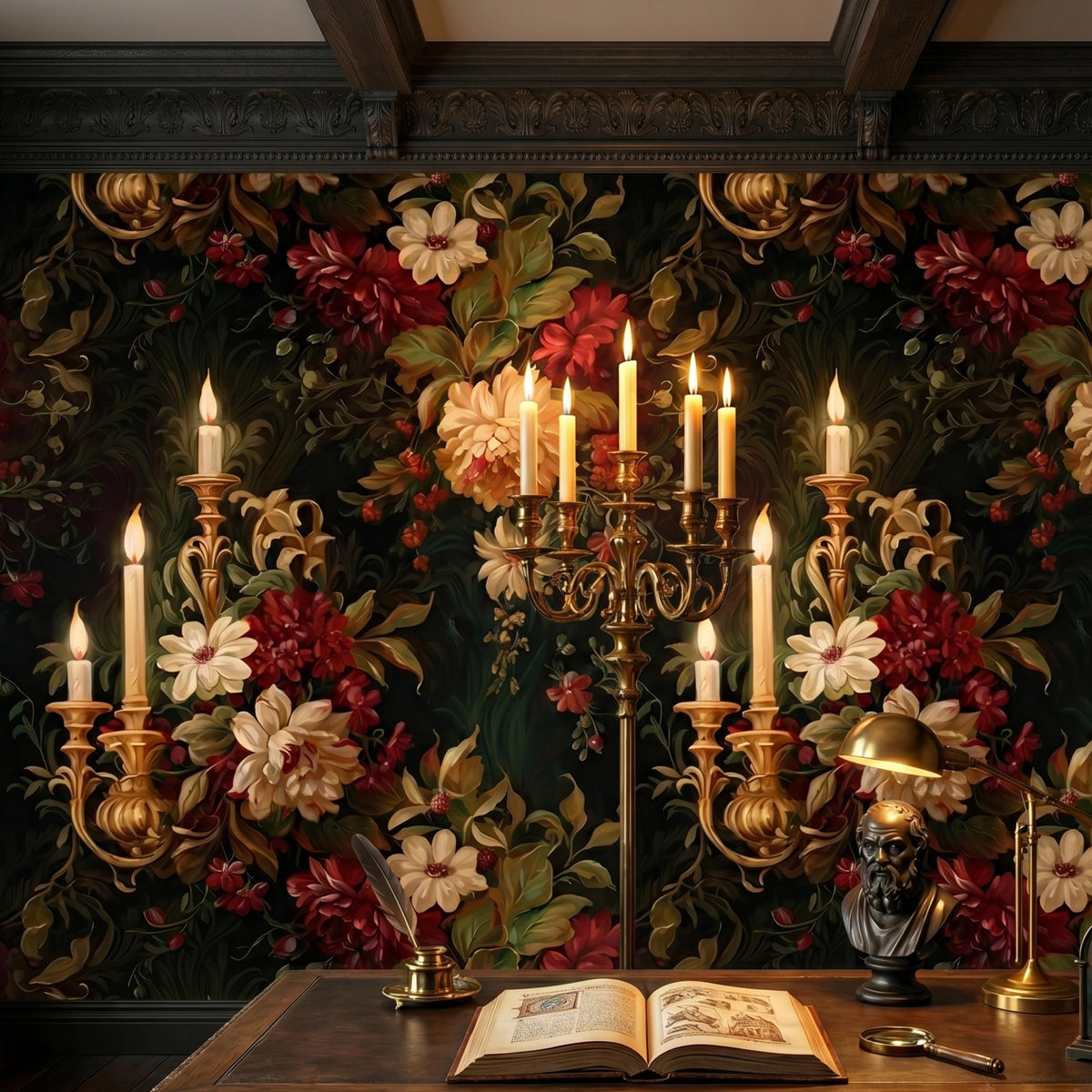 Dark Moody Floral Wallpaper with Vintage Candle Sconces, Victorian Gothic Wall Mural, Dark Academia Home Decor, Maximalist Peony Decal