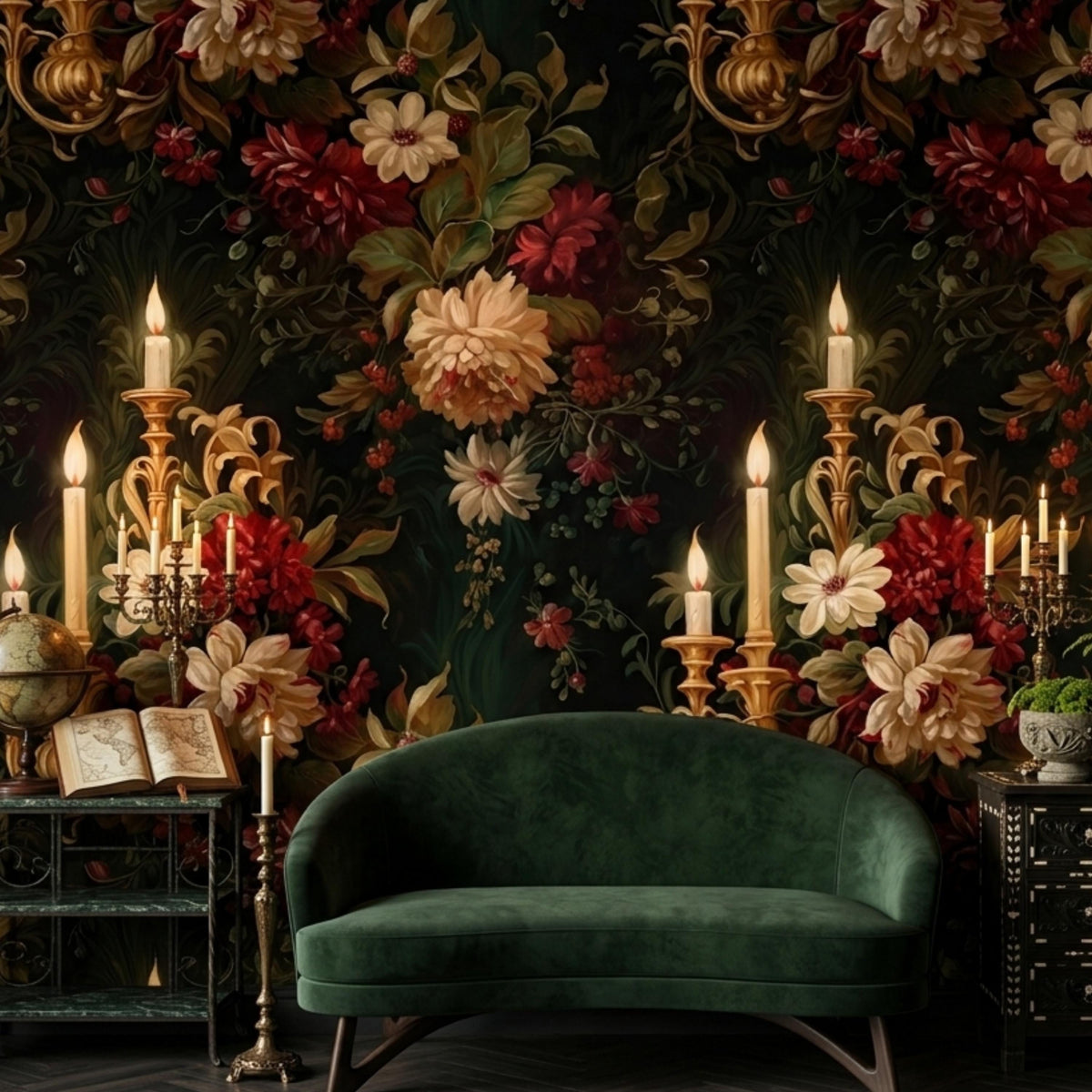 Dark Moody Floral Wallpaper with Vintage Candle Sconces, Victorian Gothic Wall Mural, Dark Academia Home Decor, Maximalist Peony Decal