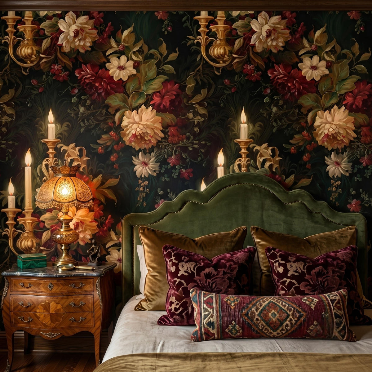 Dark Moody Floral Wallpaper with Vintage Candle Sconces, Victorian Gothic Wall Mural, Dark Academia Home Decor, Maximalist Peony Decal
