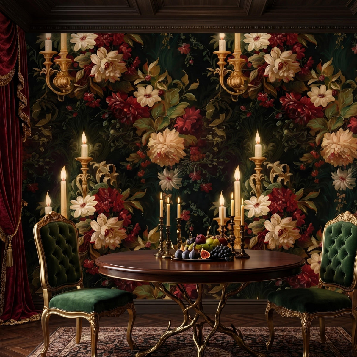 Dark Moody Floral Wallpaper with Vintage Candle Sconces, Victorian Gothic Wall Mural, Dark Academia Home Decor, Maximalist Peony Decal