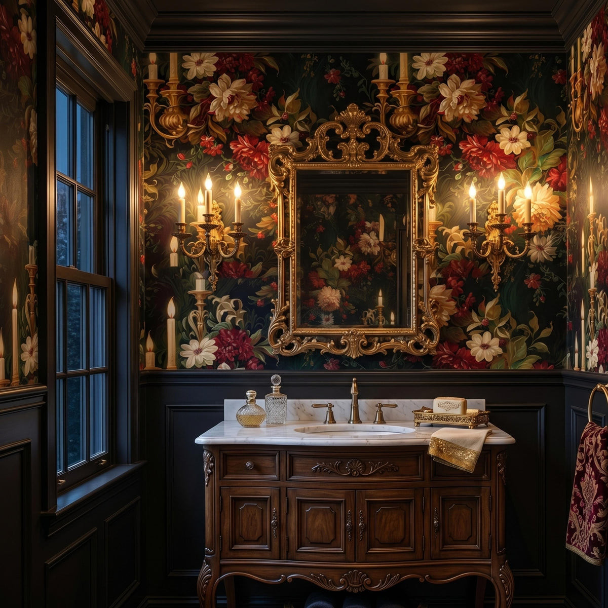 Dark Moody Floral Wallpaper with Vintage Candle Sconces, Victorian Gothic Wall Mural, Dark Academia Home Decor, Maximalist Peony Decal