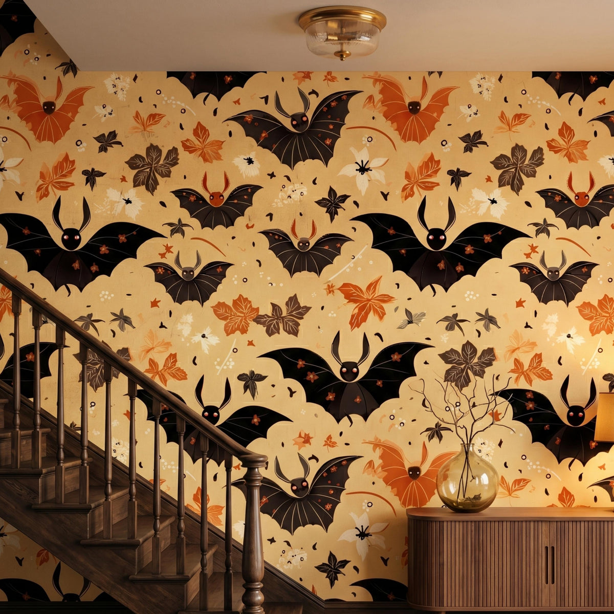 Vintage Bat and Autumn Leaf Wallpaper, Halloween Home Decor, Whimsical Gothic Wall Art, Spooky Season Interior, Dark Academia Aesthetic