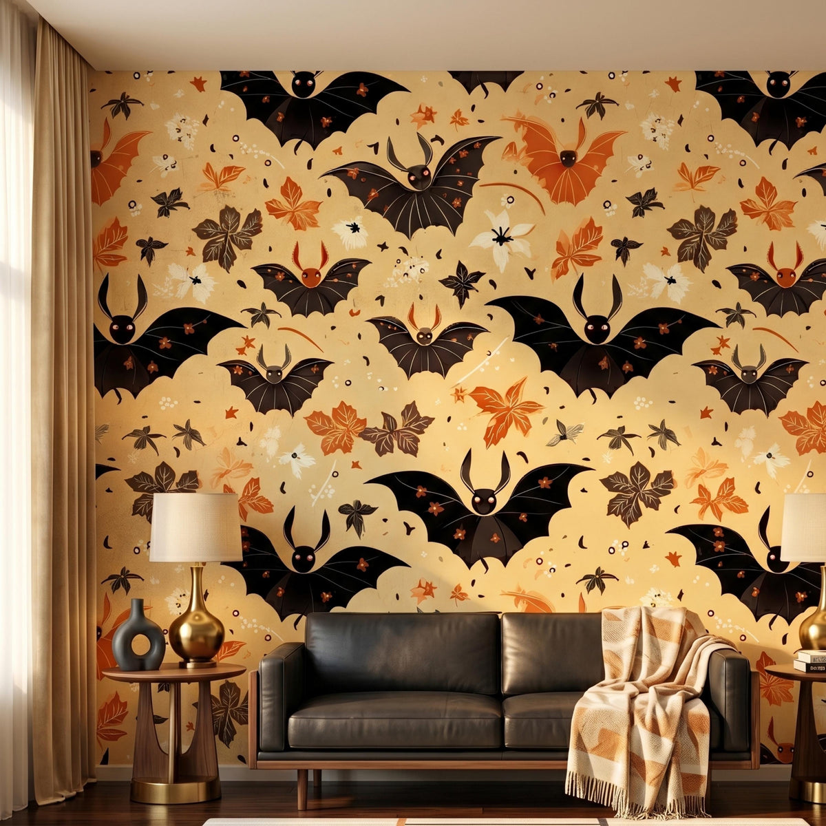 Vintage Bat and Autumn Leaf Wallpaper, Halloween Home Decor, Whimsical Gothic Wall Art, Spooky Season Interior, Dark Academia Aesthetic