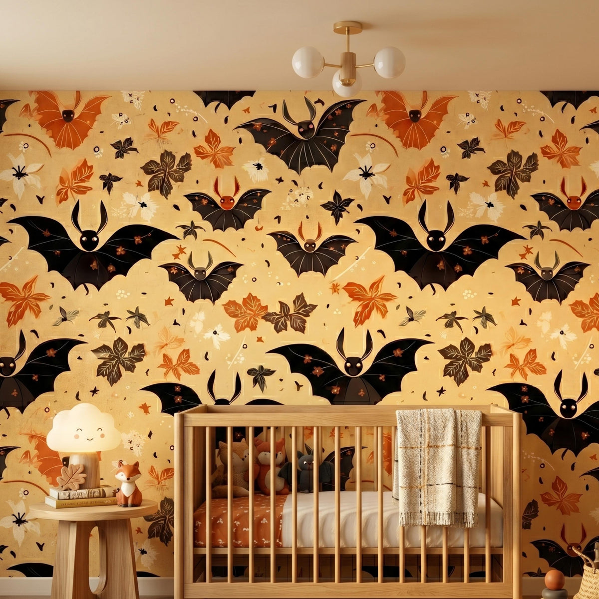 Vintage Bat and Autumn Leaf Wallpaper, Halloween Home Decor, Whimsical Gothic Wall Art, Spooky Season Interior, Dark Academia Aesthetic