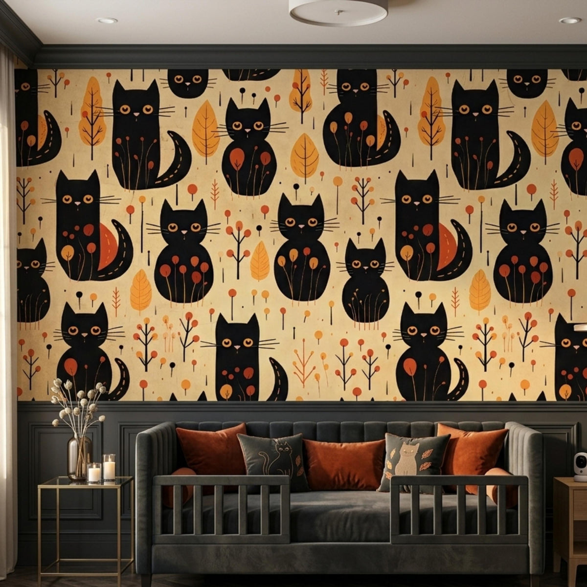 Black Cat Autumn Aesthetic Wallpaper, Whimsical Nursery Wall Decal, Mid Century Modern Cat Decor
